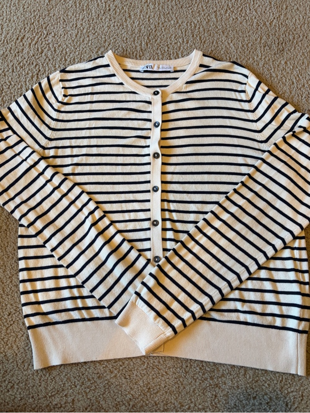 Zara Cream and Navy Striped Button Cardigan | Size Large |